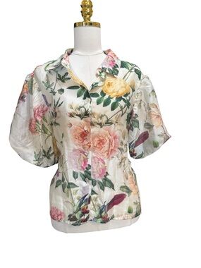 Lucky & Coco Floral Bird Print Puff Sleeve Button Front Blouse Large